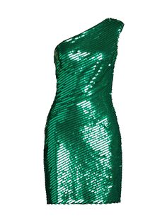 Мини-платье с пайетками на одно плечо Tadashi Shoji, зеленый
