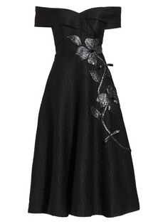 Жаккардовое платье миди с открытыми плечами и цветочным принтом Teri Jon by Rickie Freeman, черный