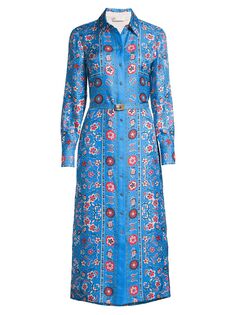 Шелковое платье-рубашка миди с узором пейсли Tory Burch, синий