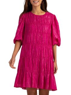 Серебристое мини-платье с пышными рукавами Trina Turk, розовый