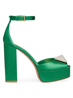 Сатиновые туфли-лодочки на одной заклепке с заклепками и кристаллами, высота 120 мм Valentino Garavani, зеленый