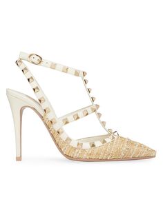 Туфли-лодочки Rockstud из рафии с ремешками Valentino Garavani, платиновый