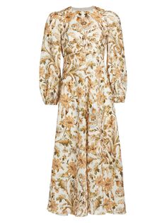 Льняное платье-миди из ситца с цветочным принтом Zimmermann, слоновая кость