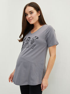 Хлопковая футболка для беременных с коротким рукавом и принтом Снупи с v-образным вырезом LC Waikiki Maternity