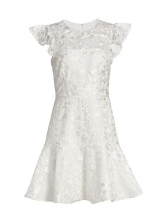 Мини-платье с оборками и цветочной вышивкой ML Monique Lhuillier, белый