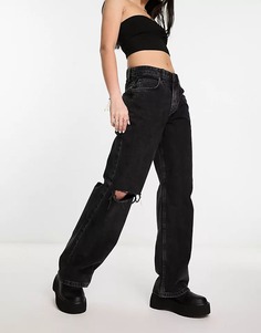 Джинсы ASOS DESIGN Baggy Boyfriend With Knee Rips, черный