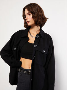 Женская куртка-рубашка из габардина с длинными рукавами и застежкой спереди на пуговицах LCW Casual