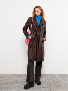 Женское кожаное пальто с прямым воротником и длинным рукавом Xside