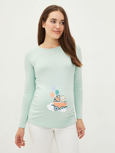 Хлопковая футболка для беременных с длинными рукавами и принтом с круглым вырезом LC Waikiki Maternity