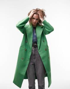 Зеленое двубортное пальто Topshop