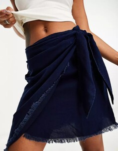 Джинсовая мини-юбка с рваными краями и завязками Mango, синий