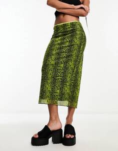 Сетчатая юбка миди со змеиным принтом Noisy May, зеленый