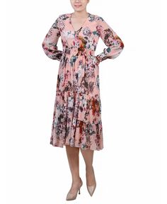 Женское шифоновое платье в горошек с длинными рукавами и присборенной талией и манжетами NY Collection, мульти