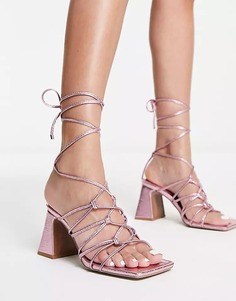 Босоножки с завязками ASOS DESIGN Helene Block Heeled, розовый металлик