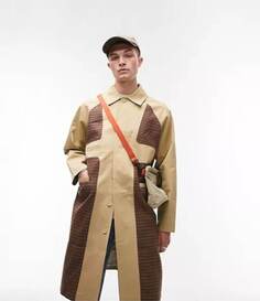 Плащ Topman Deconstructed Mac With Check Pannel, серо-бежевый