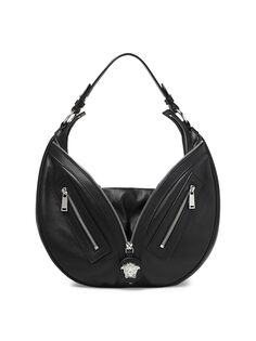 Средняя кожаная сумка-хобо на молнии Versace, черный