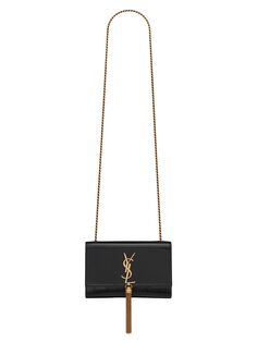 Маленькая сумка на цепочке Kate из блестящей ребристой кожи с кисточкой Saint Laurent