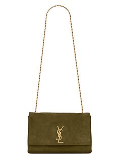 Двусторонняя сумка на цепочке Kate среднего размера из блестящей кожи и замши Saint Laurent, зеленый