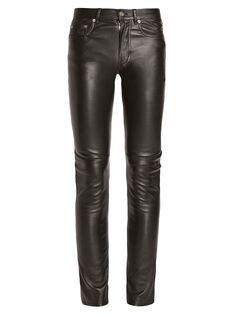 Узкие брюки из эластичной зернистой кожи Saint Laurent, черный