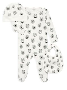 Комплект из хлопковой футболки, комбинезона и шапки с изображением медведя для мальчика Stella McCartney Kids, белый