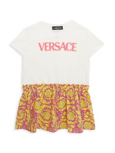 Платье из джерси с логотипом и принтом Barocco для маленьких девочек Versace, белый