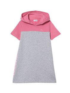 Платье-футболка с цветными блоками и капюшоном для маленьких девочек и девочек Lacoste, серебряный