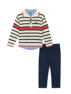 Комплект из трех частей: рубашки, полосатого свитера с молнией и брюк для маленького мальчика Andy &amp; Evan, белый