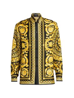 Шелковая рубашка с длинными рукавами и принтом Versace, черный