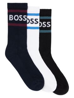 Набор из трех коротких носков с полосками и логотипом BOSS, черный