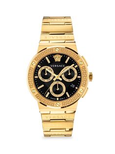 Часы Greca Logo Chrono IP из желтого золота с хронографом и браслетом Versace, черный