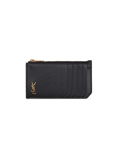 Сумка для кредитных карт Tiny Monogram Zipped Fragments из зерненой кожи Saint Laurent, черный