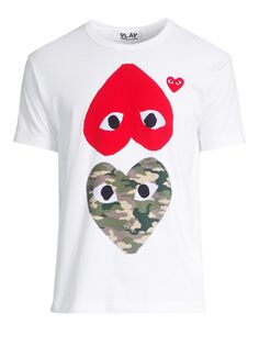 Камуфляжная хлопковая футболка с двумя сердечками Comme des Garçons PLAY, белый