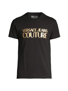 Хлопковая футболка с фольгированным принтом и логотипом Versace Jeans Couture, черный