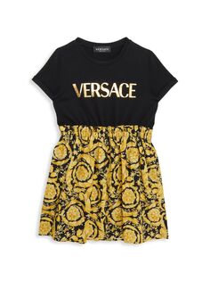 Платье из джерси с логотипом и принтом в стиле барокко для маленьких девочек и девочек Versace, черный