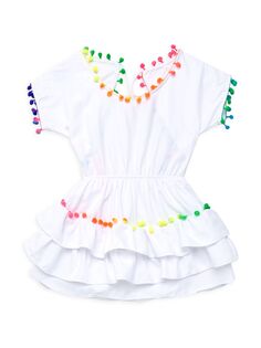 Радужное платье-накидка с помпонами для маленьких девочек и девочек Little Peixoto, белый