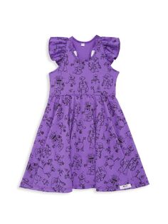 Платье Twirly с принтом роботов для маленьких девочек и девочек с оборками на рукавах Worthy Threads, фиолетовый