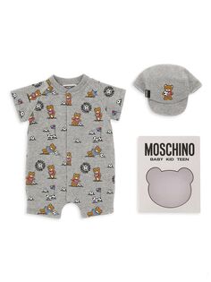 Подарочный комплект из 2 предметов: комбинезон и шапка с футбольным принтом медведя для новорожденного мальчика Moschino, серый