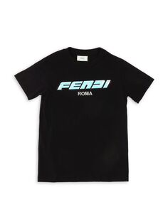 Голографическая футболка с тиснением для маленьких девочек и девочек Fendi, черный