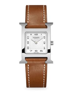 Часы Heure H 25 мм из нержавеющей стали и с кожаным ремешком HERMÈS, коричневый Hermes