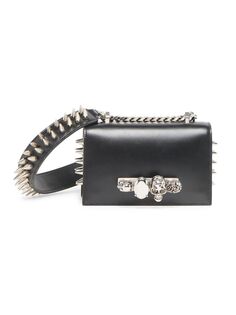 Миниатюрная кожаная сумка-портфель с четырьмя кольцами и шипами Alexander McQueen, черный