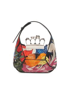 Миниатюрная кожаная сумка-хобо с вышивкой и четырьмя кольцами Alexander McQueen, разноцветный