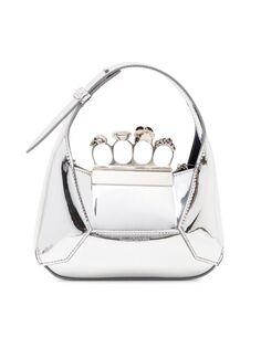 Кожаная мини-сумка-хобо с четырьмя кольцами, украшенная драгоценными камнями Alexander McQueen, серебряный