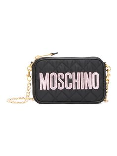 Сумка для камеры из стеганого нейлона с металлическим логотипом Moschino, черный