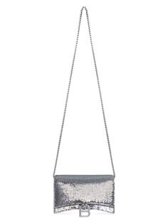 Кошелек Hourglass на цепочке с пайетками Balenciaga, серебряный