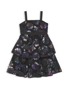 Многоуровневое кружевное платье с цветочным принтом для маленьких девочек и девочек Marchesa Notte Mini, черный