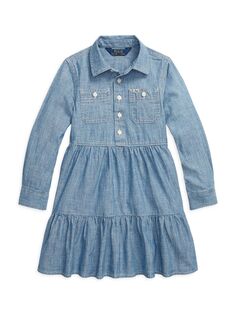 Платье-рубашка из шамбре для маленьких девочек и девочек Polo Ralph Lauren, синий