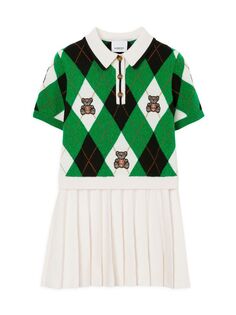 Шерстяно-кашемировое платье Thomas Bear для маленьких девочек и девочек с ромбами Burberry, зеленый