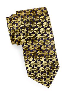 Шелковый жаккардовый галстук в полоску с геометрическим рисунком Charvet, желтый