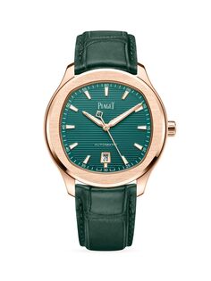 Часы Piaget Polo из 18-каратного розового золота и кожи аллигатора с датой Piaget, зеленый