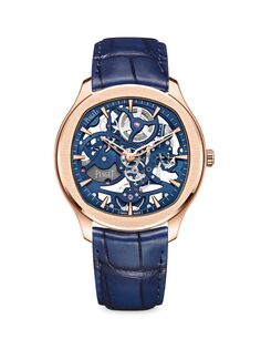 Часы-скелетоны Polo из 18-каратного розового золота и ремешка из кожи аллигатора Piaget, синий